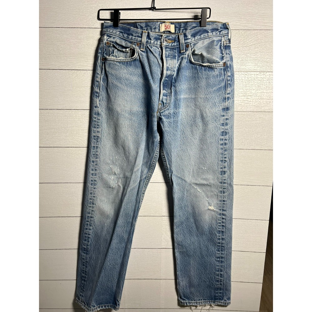 Levis 501 Button Fly Light Wash Jeans Mens 34x34 Fits 30x29 Distressed Blue